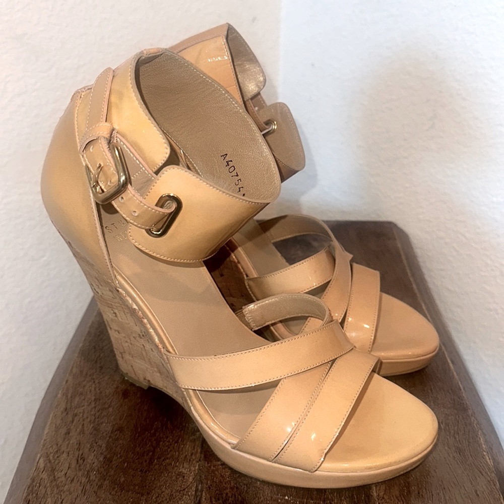 STUART WEITZMAN HILDA Sandal Metallic Cork Wedge Adobe Aniline Patent Size 9M